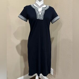 TALBOTS Navy Blue Shift Dress with White Embroidery, EUC!